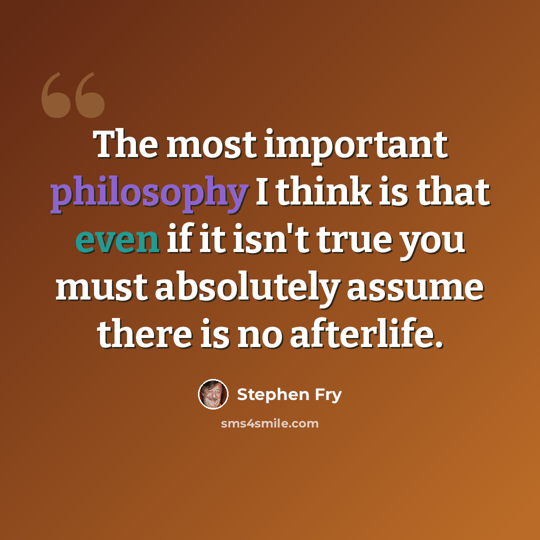 “The most important philosophy I think is that even if it isn't true you must absolutely assume there is no afterlife.” quote by Stephen Fry