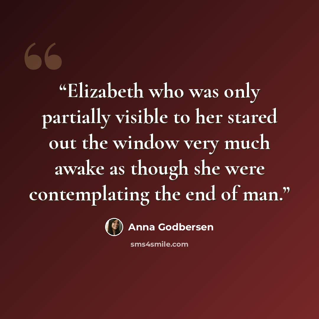 “Elizabeth who was only partially visible to her stared out the window very much awake as though she were contemplating the end of man.” quote by Anna Godbersen