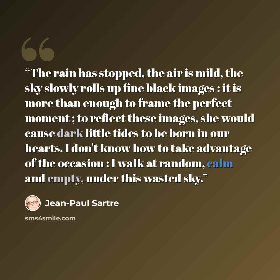 “The rain has stopped, the air is mild, the sky slowly rolls up fine black images : it is more than enough to frame the perfect moment ; to reflect these images, she would cause dark little tides to be born in our hearts. I don't know how to take advantage of the occasion : I walk at random, calm…” quote by Jean-Paul Sartre