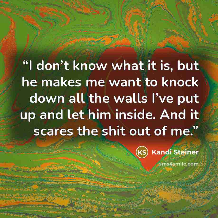 “I don’t know what it is, but he makes me want to knock down all the walls I’ve put up and let him inside. And it scares the shit out of me.” quote by Kandi Steiner