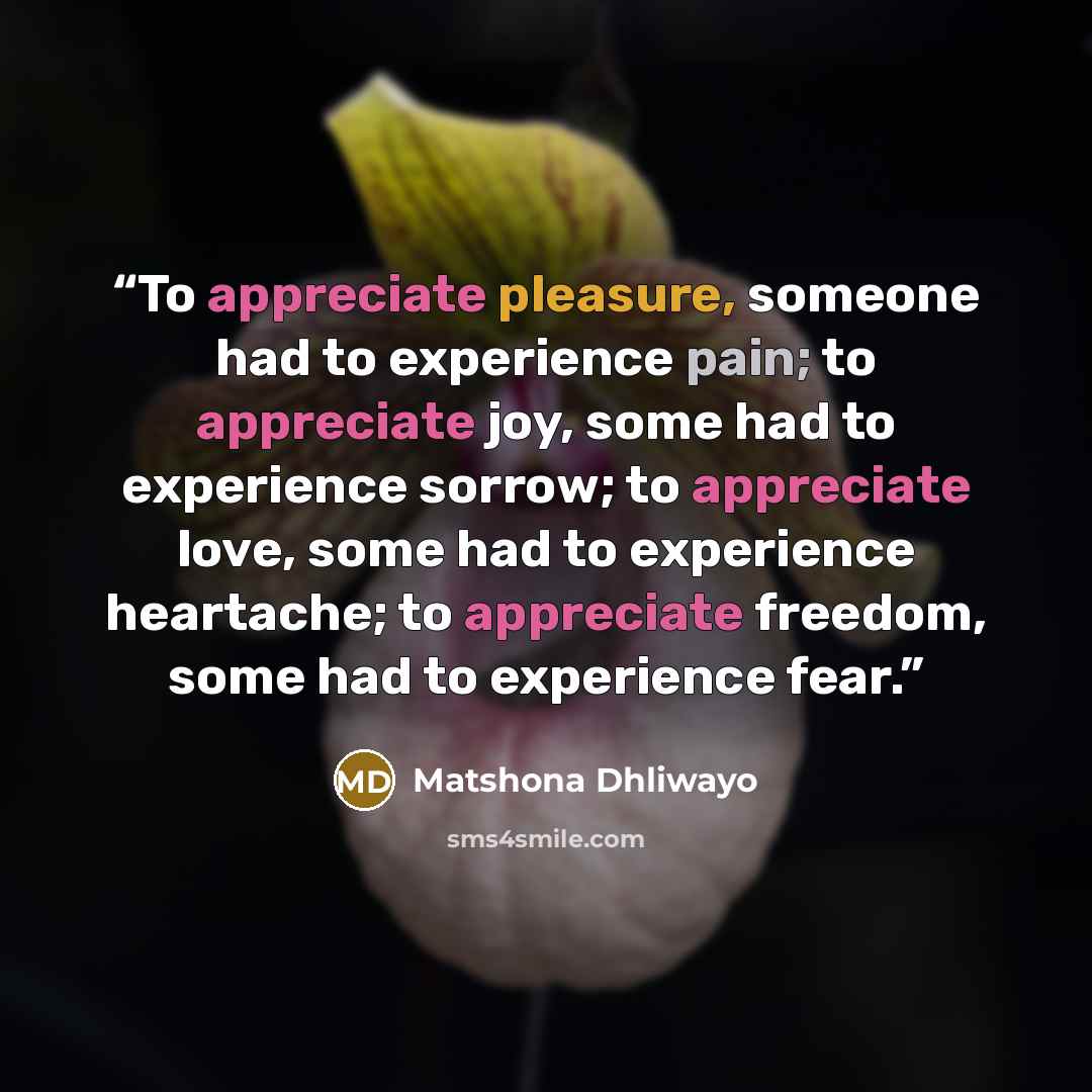 “To appreciate pleasure, someone had to experience pain; to appreciate joy, some had to experience sorrow; to appreciate love, some had to experience heartache; to appreciate freedom, some had to experience fear.” quote by Matshona Dhliwayo