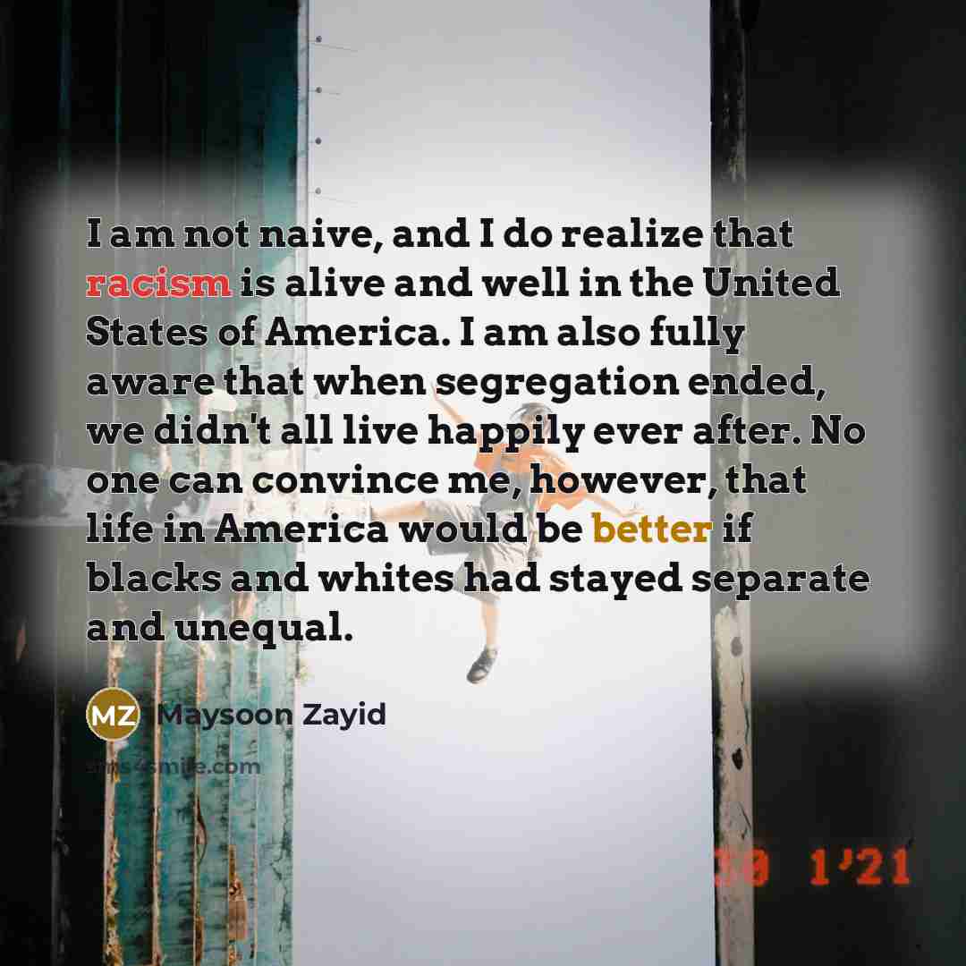 “I am not naive, and I do realize that racism is alive and well in the United States of America. I am also fully aware that when segregation ended, we didn't all live happily ever after. No one can convince me, however, that life in America would be better if blacks and whites had stayed separate…” quote by Maysoon Zayid