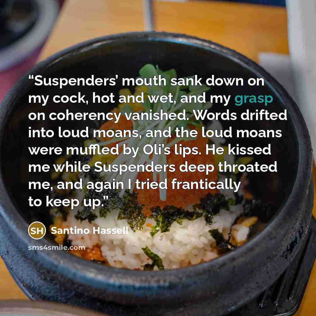 “Suspenders’ mouth sank down on my cock, hot and wet, and my grasp on coherency vanished. Words drifted into loud moans, and the loud moans were muffled by Oli’s lips. He kissed me while Suspenders deep throated me, and again I tried frantically to keep up.” quote by Santino Hassell