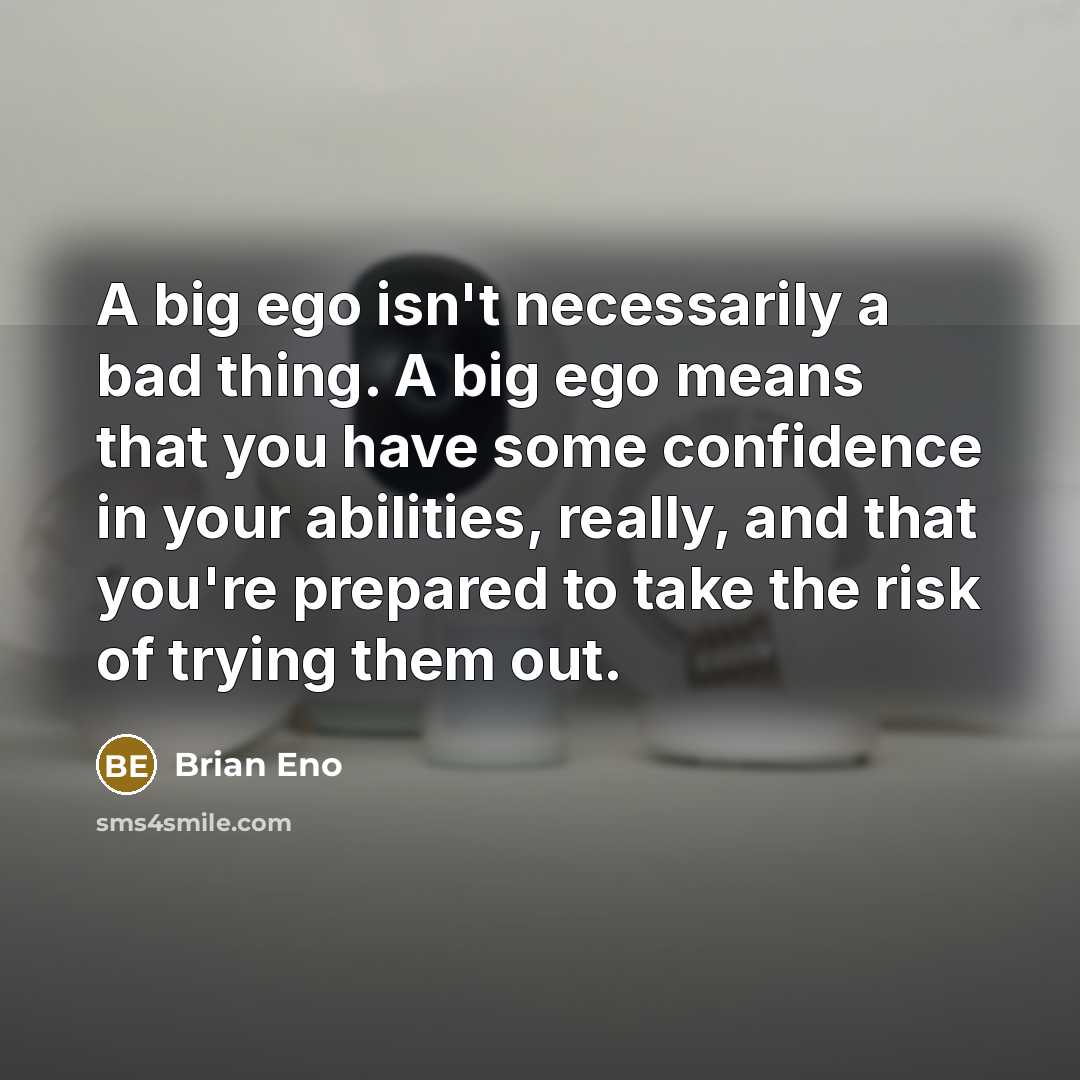 “A big ego isn't necessarily a bad thing. A big ego means that you have some confidence in your abilities, really, and that you're prepared to take the risk of trying them out.” quote by Brian Eno