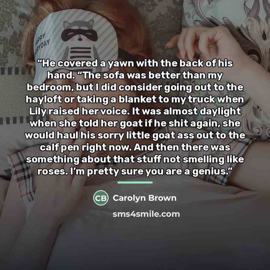 “He covered a yawn with the back of his hand. “The sofa was better than my bedroom, but I did consider going out to the hayloft or taking a blanket to my truck when Lily raised her voice. It was almost daylight when she told her goat if he shit again, she would haul his sorry little goat ass out to…” quote by Carolyn Brown