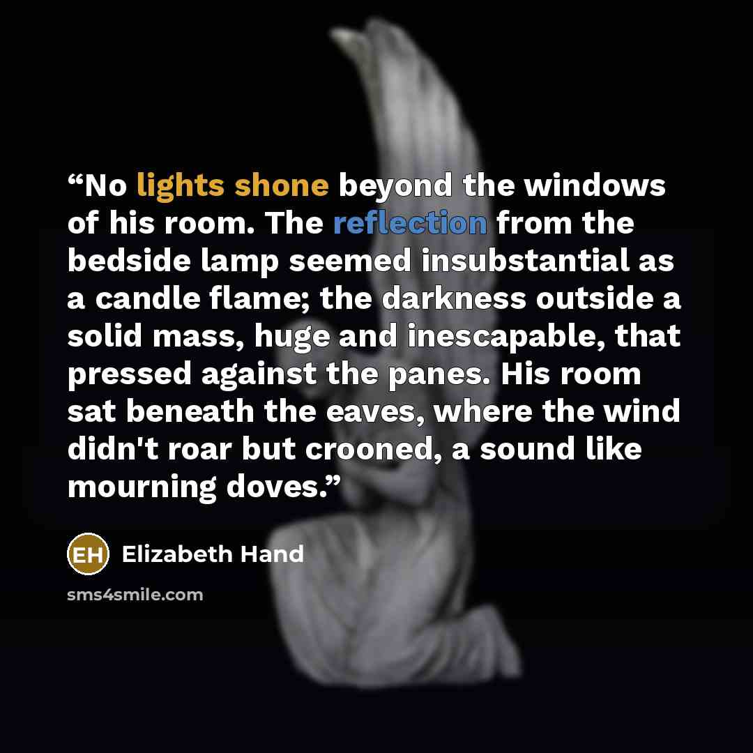 “No lights shone beyond the windows of his room. The reflection from the bedside lamp seemed insubstantial as a candle flame; the darkness outside a solid mass, huge and inescapable, that pressed against the panes. His room sat beneath the eaves, where the wind didn't roar but crooned, a sound like…” quote by Elizabeth Hand