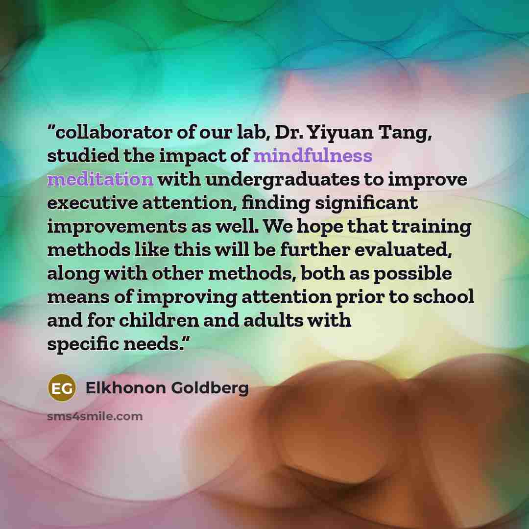 “collaborator of our lab, Dr. Yiyuan Tang, studied the impact of mindfulness meditation with undergraduates to improve executive attention, finding significant improvements as well. We hope that training methods like this will be further evaluated, along with other methods, both as possible means…” quote by Elkhonon Goldberg