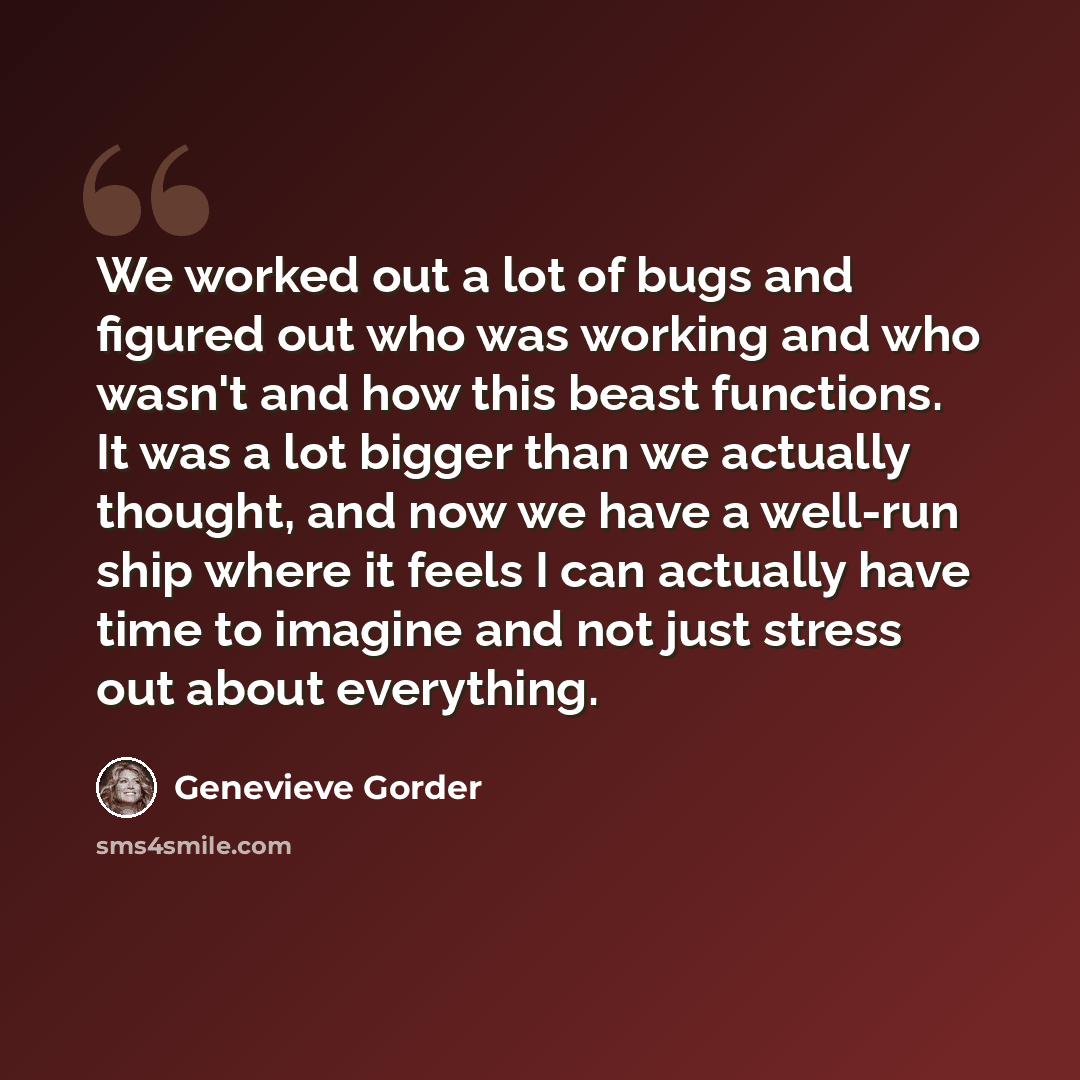 “We worked out a lot of bugs and figured out who was working and who wasn't and how this beast functions. It was a lot bigger than we actually thought, and now we have a well-run ship where it feels I can actually have time to imagine and not just stress out about everything.” quote by Genevieve Gorder