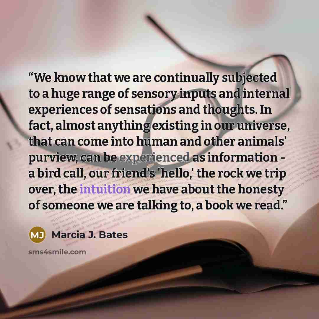 “We know that we are continually subjected to a huge range of sensory inputs and internal experiences of sensations and thoughts. In fact, almost anything existing in our universe, that can come into human and other animals' purview, can be experienced as information - a bird call, our friend's…” quote by Marcia J. Bates