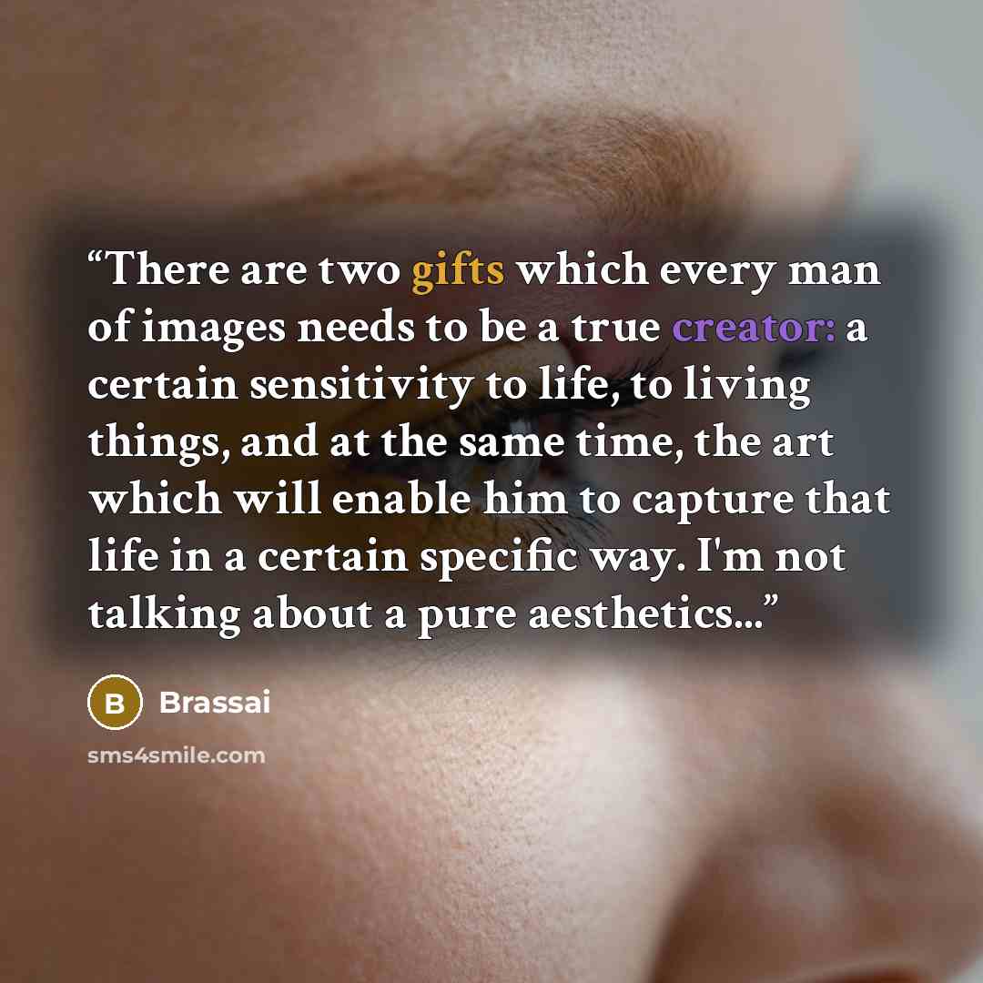 “There are two gifts which every man of images needs to be a true creator: a certain sensitivity to life, to living things, and at the same time, the art which will enable him to capture that life in a certain specific way. I'm not talking about a pure aesthetics...” quote by Brassaï