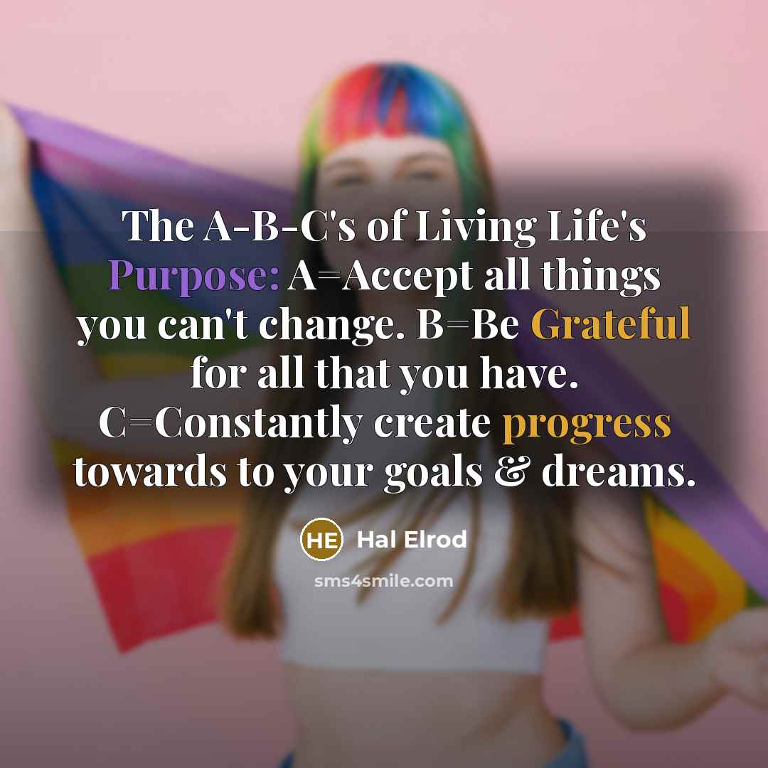 “The A-B-C's of Living Life's Purpose: A=Accept all things you can't change. B=Be Grateful for all that you have. C=Constantly create progress towards to your goals & dreams.” quote by Hal Elrod