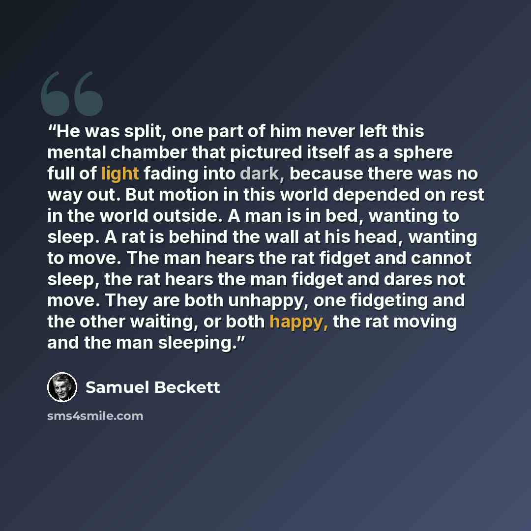 “He was split, one part of him never left this mental chamber that pictured itself as a sphere full of light fading into dark, because there was no way out. But motion in this world depended on rest in the world outside. A man is in bed, wanting to sleep. A rat is behind the wall at his head…” quote by Samuel Beckett