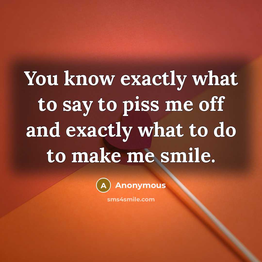 “You know exactly what to say to piss me off and exactly what to do to make me smile.” quote by Anonymous