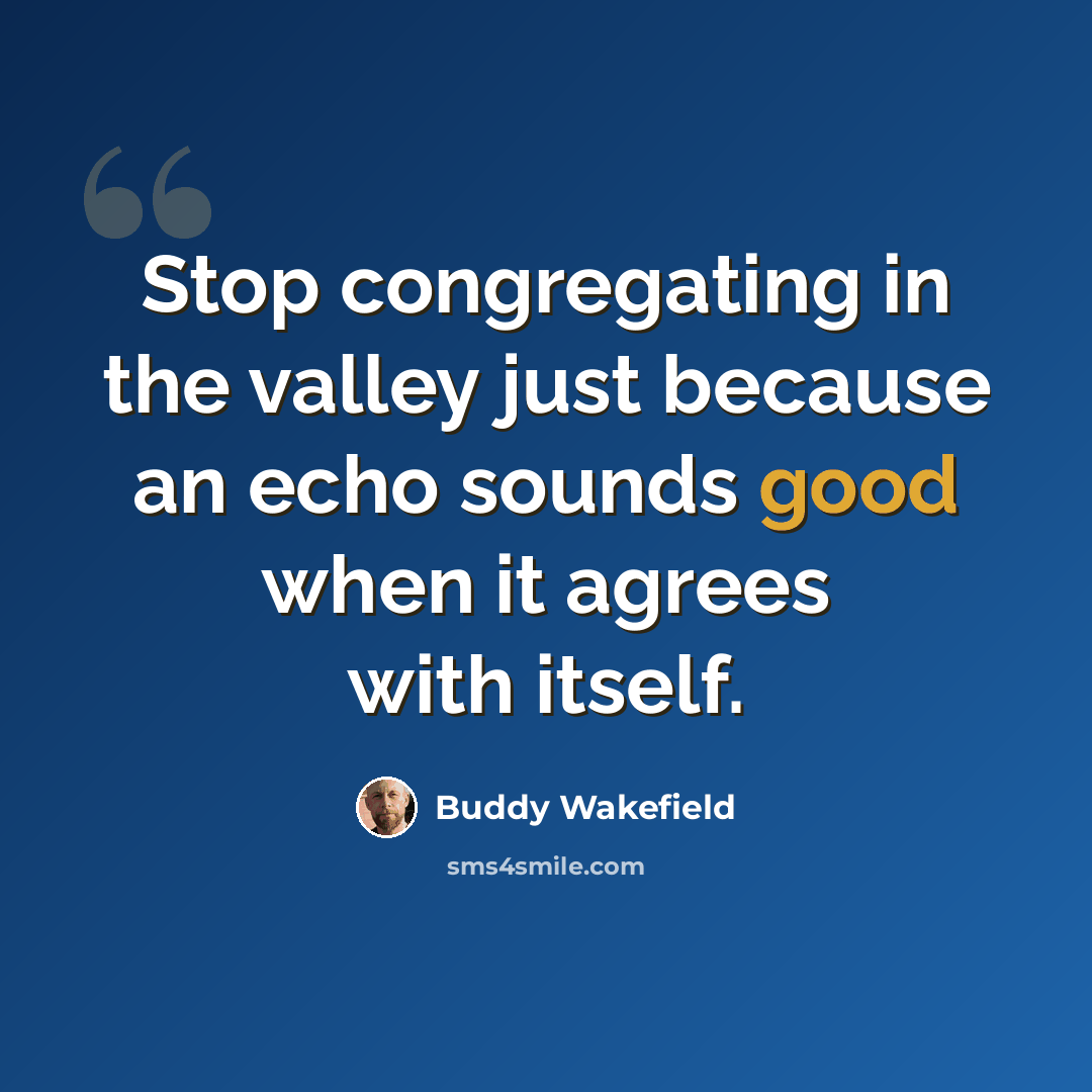 “Stop congregating in the valley just because an echo sounds good when it agrees with itself.” quote by Buddy Wakefield