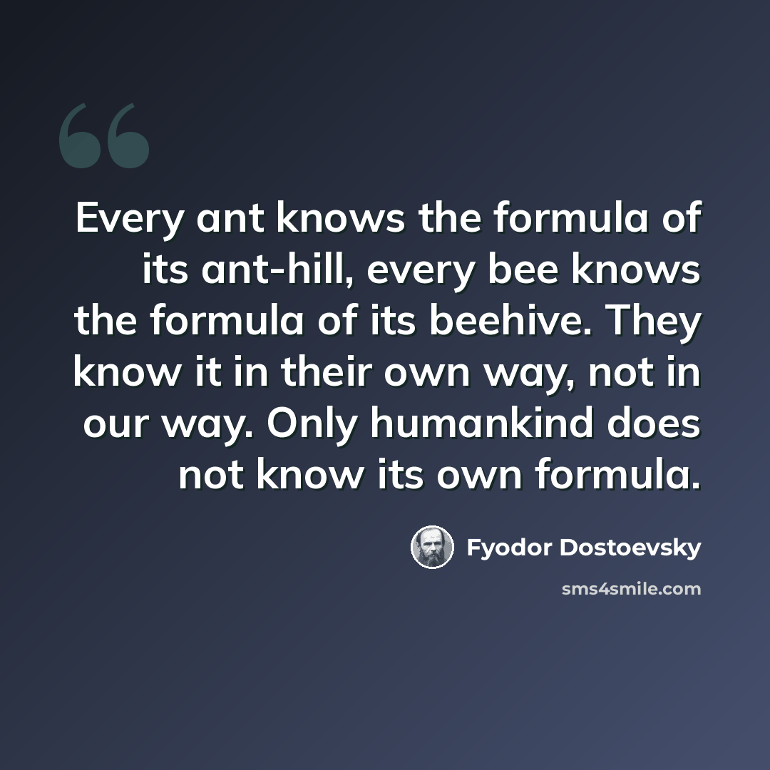 “Every ant knows the formula of its ant-hill, every bee knows the formula of its beehive. They know it in their own way, not in our way. Only humankind does not know its own formula.” quote by Fyodor Dostoevsky