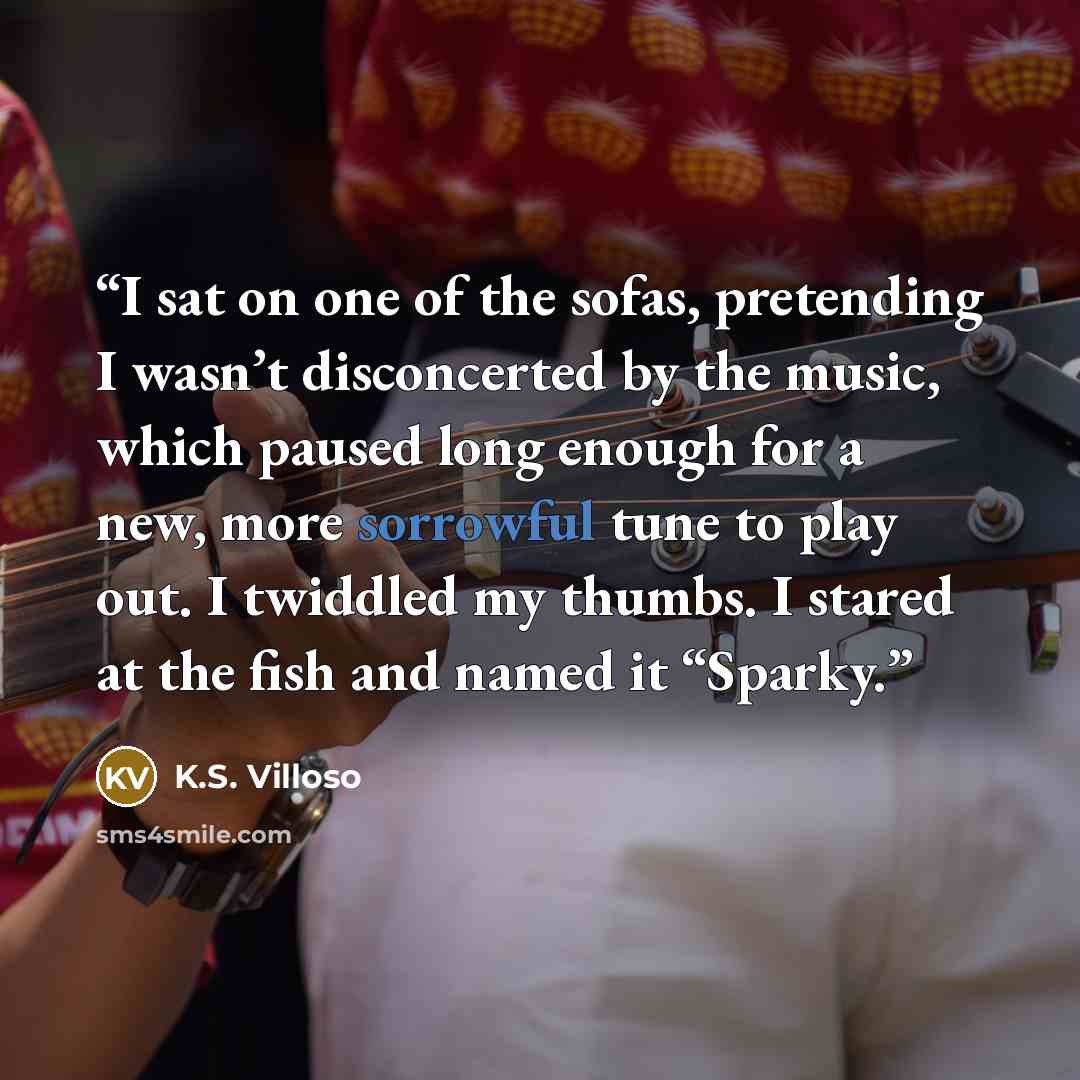 “I sat on one of the sofas, pretending I wasn’t disconcerted by the music, which paused long enough for a new, more sorrowful tune to play out. I twiddled my thumbs. I stared at the fish and named it “Sparky.” quote by K.S. Villoso