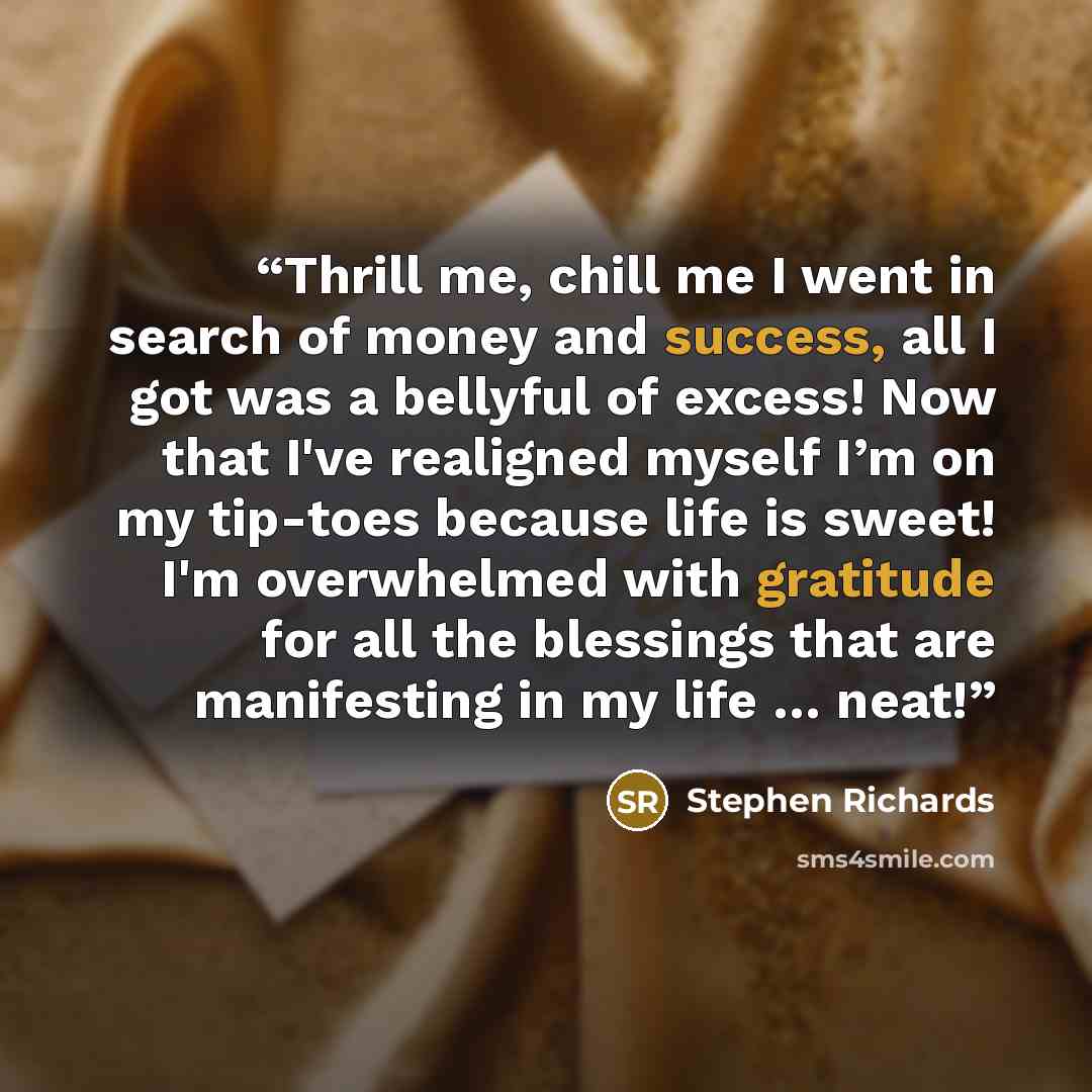 “Thrill me, chill me I went in search of money and success, all I got was a bellyful of excess! Now that I've realigned myself I’m on my tip-toes because life is sweet! I'm overwhelmed with gratitude for all the blessings that are manifesting in my life … neat!” quote by Stephen Richards
