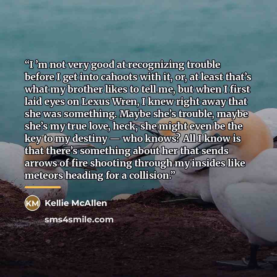 “I ’m not very good at recognizing trouble before I get into cahoots with it, or, at least that’s what my brother likes to tell me, but when I first laid eyes on Lexus Wren, I knew right away that she was something. Maybe she’s trouble, maybe she’s my true love, heck, she might even be the key to…” quote by Kellie McAllen