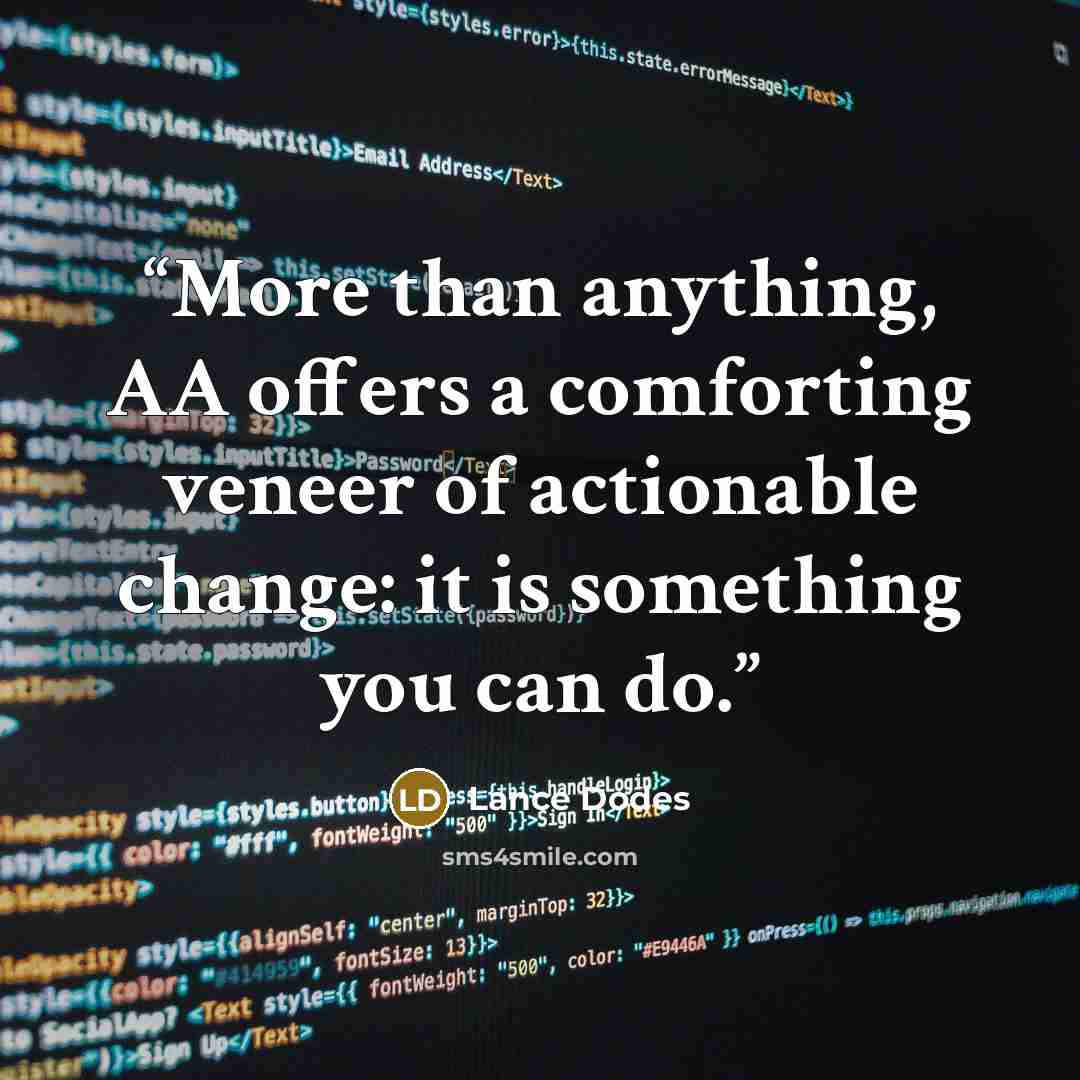 “More than anything, AA offers a comforting veneer of actionable change: it is something you can do.” quote by Lance Dodes
