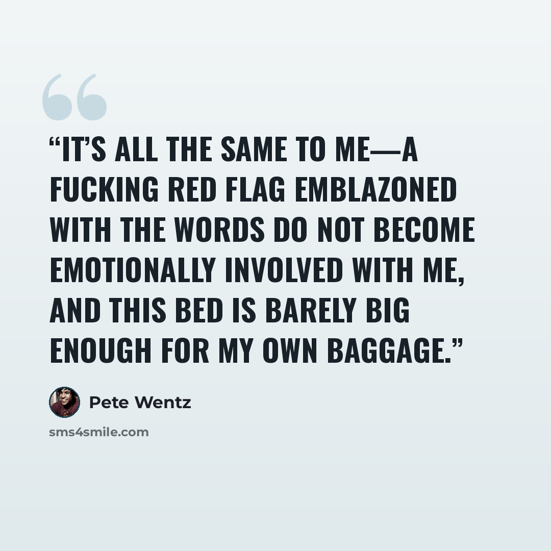 “It’s all the same to me—a fucking red flag emblazoned with the words DO NOT BECOME EMOTIONALLY INVOLVED WITH ME, and this bed is barely big enough for my own baggage.” quote by Pete Wentz
