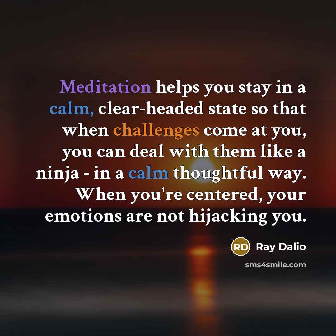 “Meditation helps you stay in a calm, clear-headed state so that when challenges come at you, you can deal with them like a ninja - in a calm thoughtful way. When you're centered, your emotions are not hijacking you.” quote by Ray Dalio