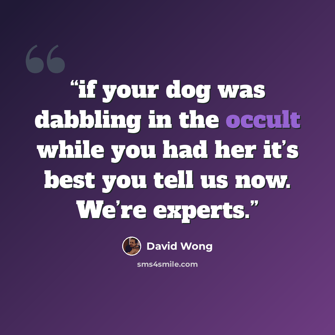“if your dog was dabbling in the occult while you had her it’s best you tell us now. We’re experts.” quote by David Wong