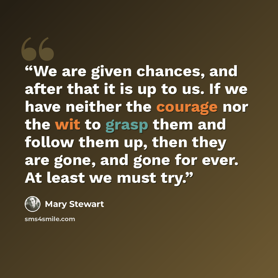 “We are given chances, and after that it is up to us. If we have neither the courage nor the wit to grasp them and follow them up, then they are gone, and gone for ever. At least we must try.” quote by Mary Stewart