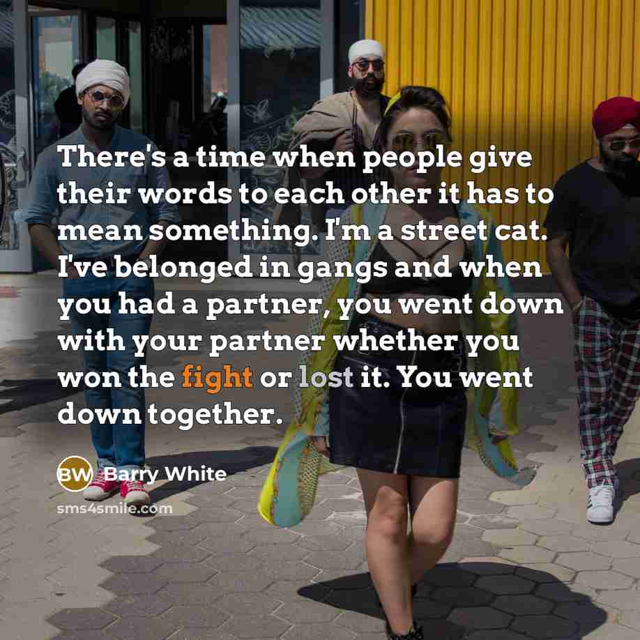 “There's a time when people give their words to each other it has to mean something. I'm a street cat. I've belonged in gangs and when you had a partner, you went down with your partner whether you won the fight or lost it. You went down together.” quote by Barry White