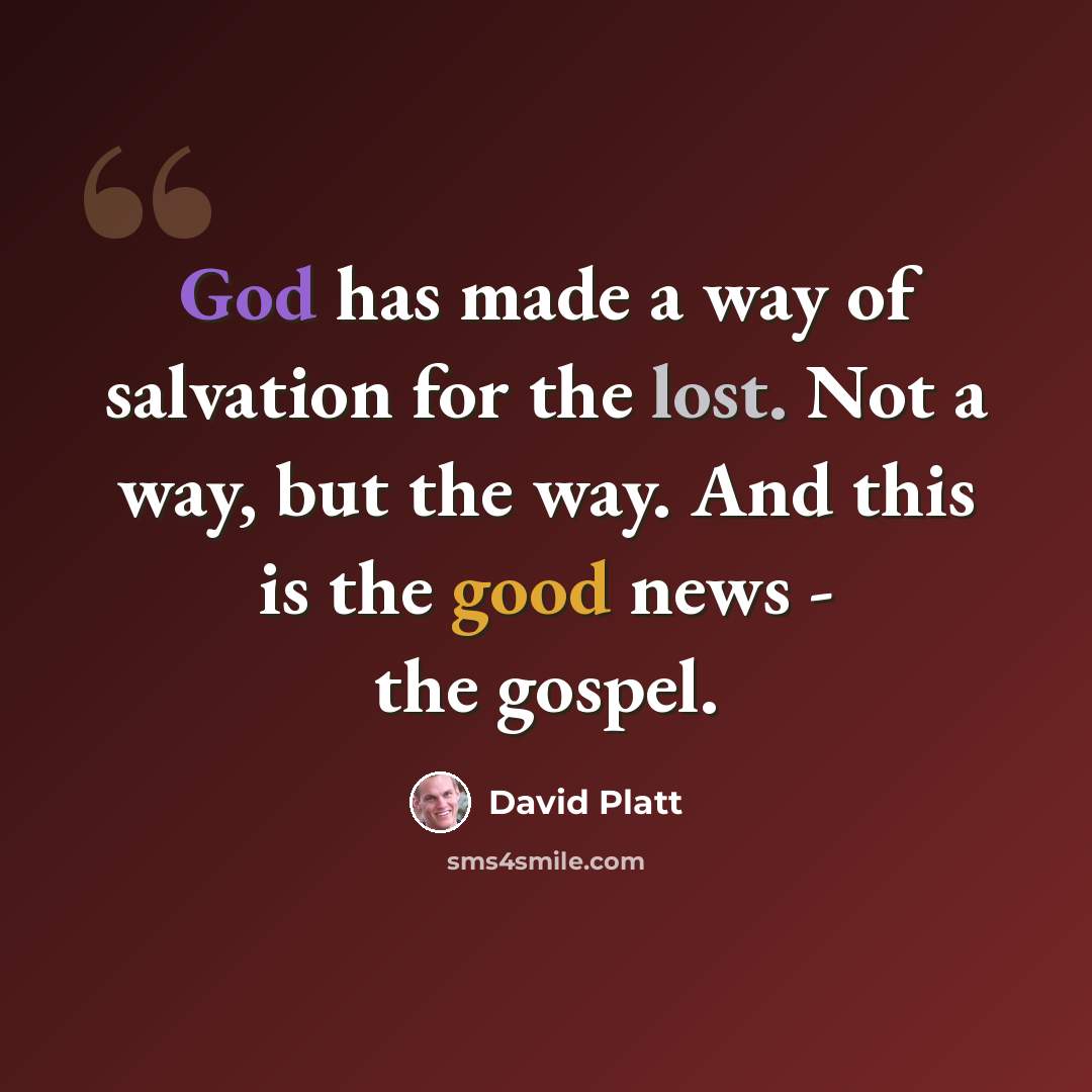 “God has made a way of salvation for the lost. Not a way, but the way. And this is the good news - the gospel.” quote by David Platt
