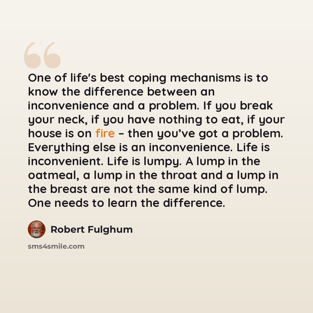 “One of life's best coping mechanisms is to know the difference between an inconvenience and a problem. If you break your neck, if you have nothing to eat, if your house is on fire – then you’ve got a problem. Everything else is an inconvenience. Life is inconvenient. Life is lumpy. A lump in the…” quote by Robert Fulghum