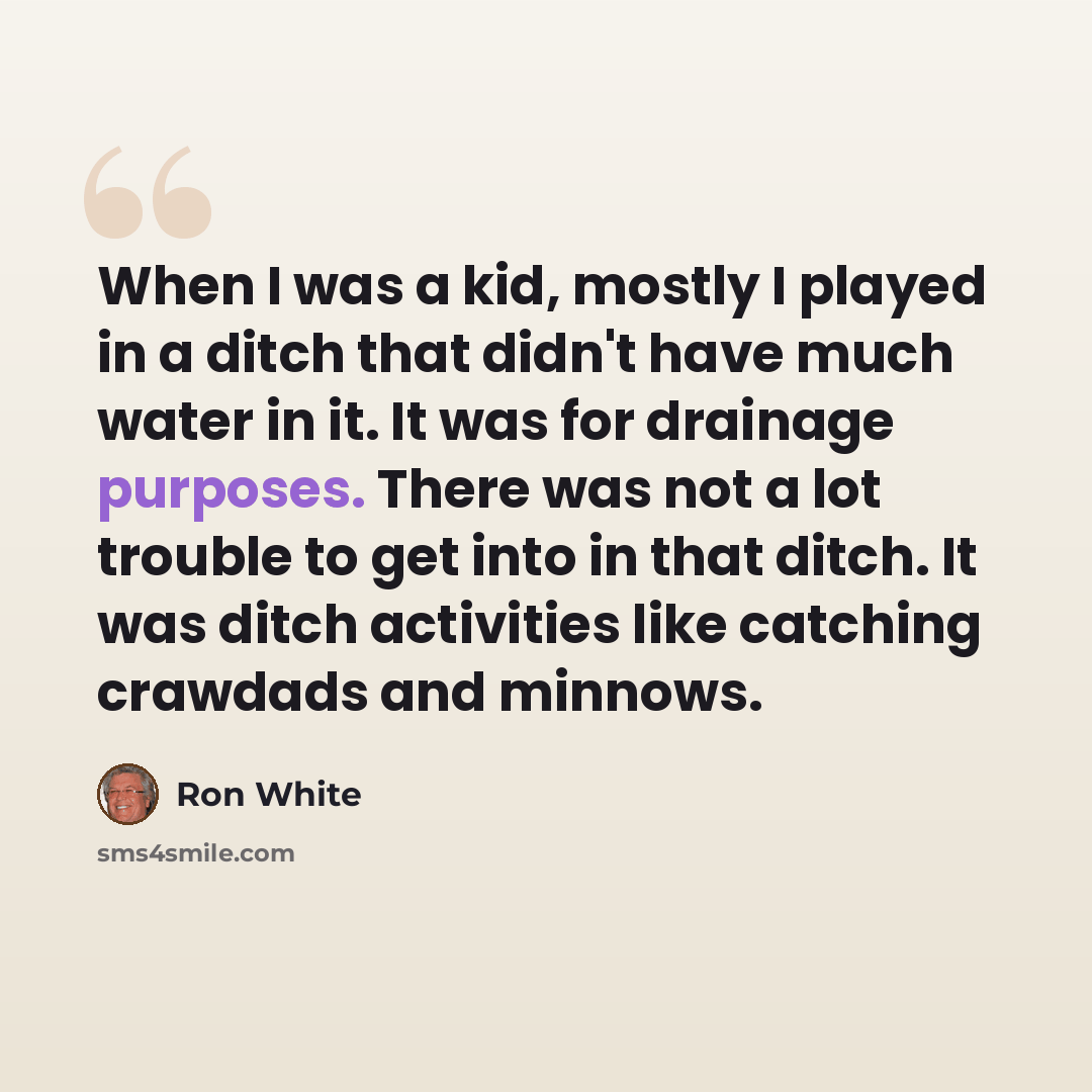 “When I was a kid, mostly I played in a ditch that didn't have much water in it. It was for drainage purposes. There was not a lot trouble to get into in that ditch. It was ditch activities like catching crawdads and minnows.” quote by Ron White
