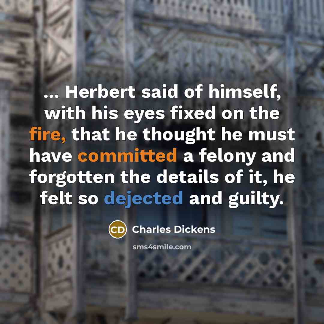 “... Herbert said of himself, with his eyes fixed on the fire, that he thought he must have committed a felony and forgotten the details of it, he felt so dejected and guilty.” quote by Charles Dickens
