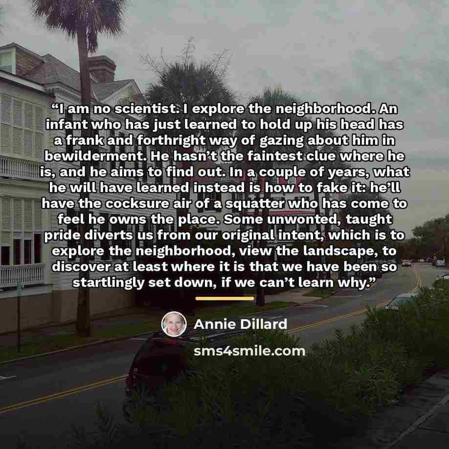 “I am no scientist. I explore the neighborhood. An infant who has just learned to hold up his head has a frank and forthright way of gazing about him in bewilderment. He hasn’t the faintest clue where he is, and he aims to find out. In a couple of years, what he will have learned instead is how to…” quote by Annie Dillard
