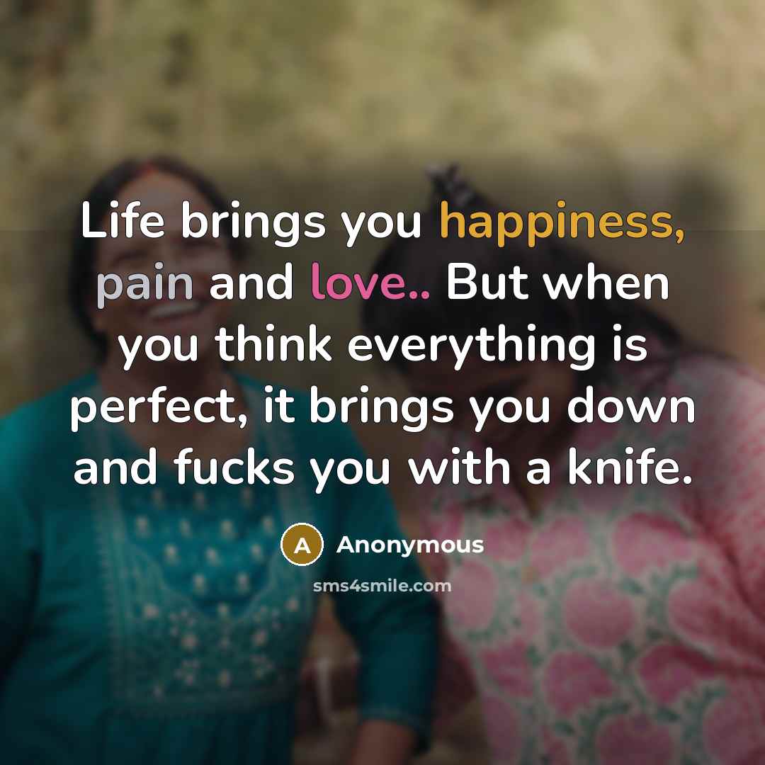 “Life brings you happiness, pain and love.. But when you think everything is perfect, it brings you down and fucks you with a knife.” quote by Anonymous