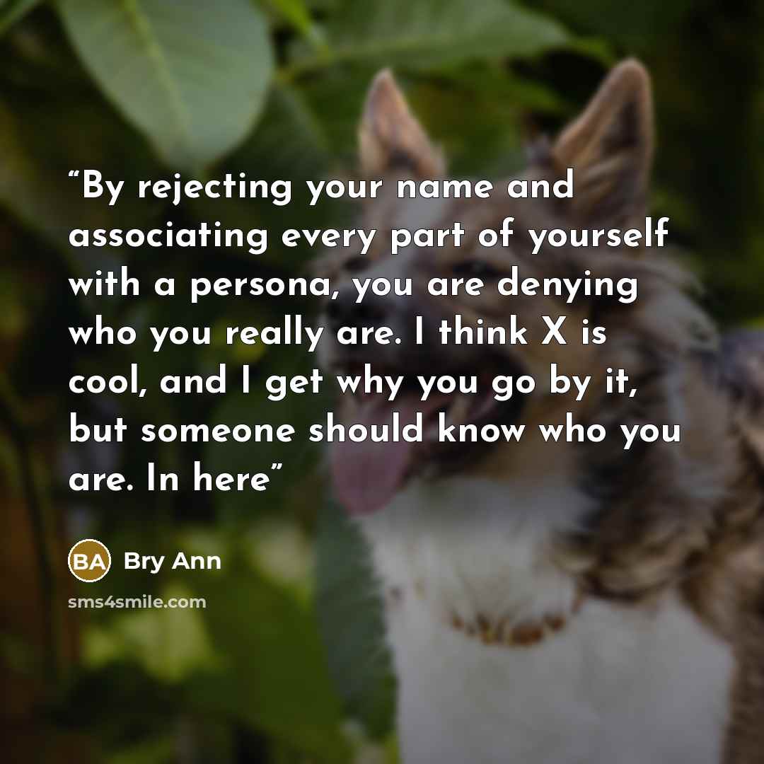 “By rejecting your name and associating every part of yourself with a persona, you are denying who you really are. I think X is cool, and I get why you go by it, but someone should know who you are. In here” quote by Bry Ann
