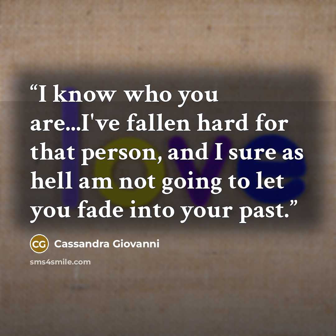 “I know who you are...I've fallen hard for that person, and I sure as hell am not going to let you fade into your past.” quote by Cassandra Giovanni