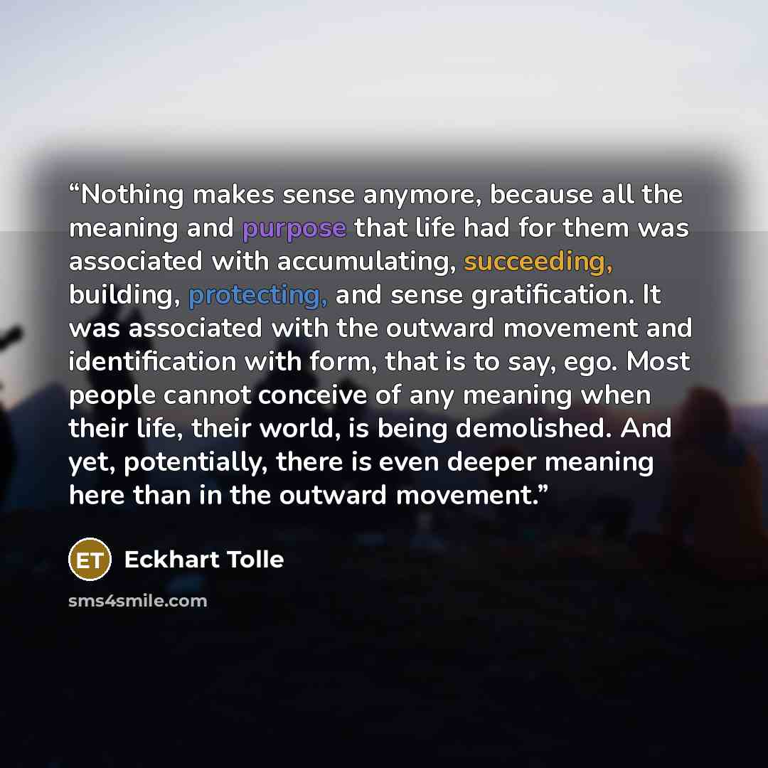 “Nothing makes sense anymore, because all the meaning and purpose that life had for them was associated with accumulating, succeeding, building, protecting, and sense gratification. It was associated with the outward movement and identification with form, that is to say, ego. Most people cannot…” quote by Eckhart Tolle