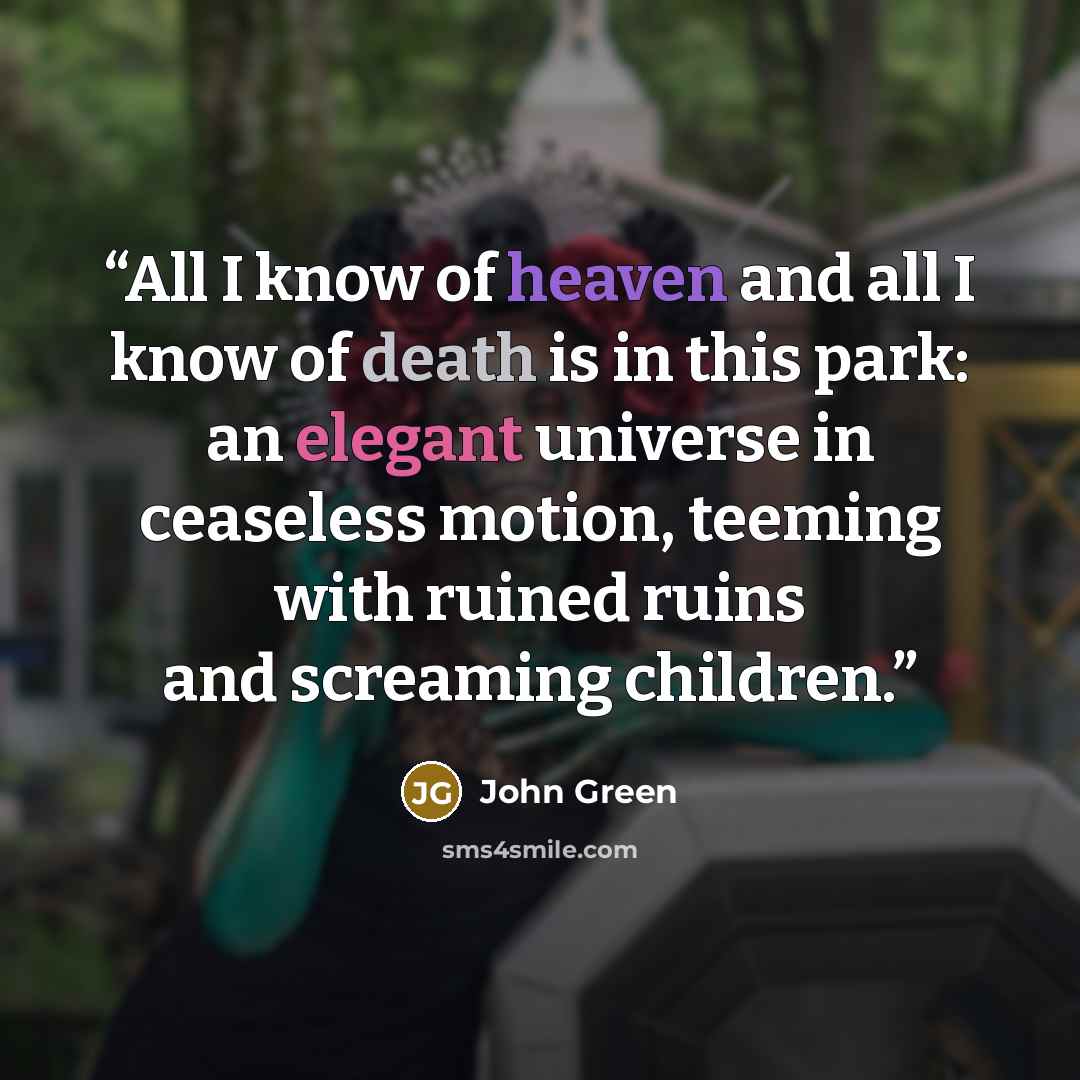 “All I know of heaven and all I know of death is in this park: an elegant universe in ceaseless motion, teeming with ruined ruins and screaming children.” quote by John Green