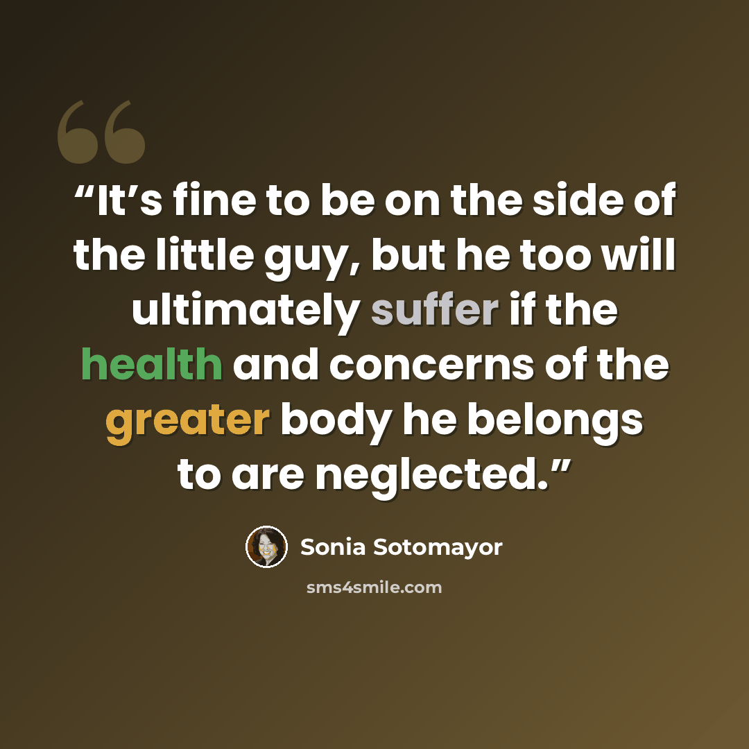 “It’s fine to be on the side of the little guy, but he too will ultimately suffer if the health and concerns of the greater body he belongs to are neglected.” quote by Sonia Sotomayor
