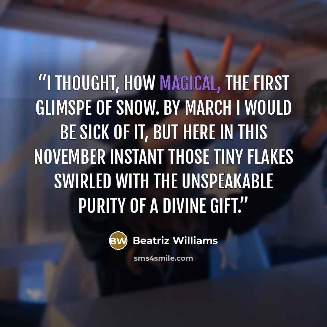 “I thought, how magical, the first glimspe of snow. By March I would be sick of it, but here in this November instant those tiny flakes swirled with the unspeakable purity of a divine gift.” quote by Beatriz Williams