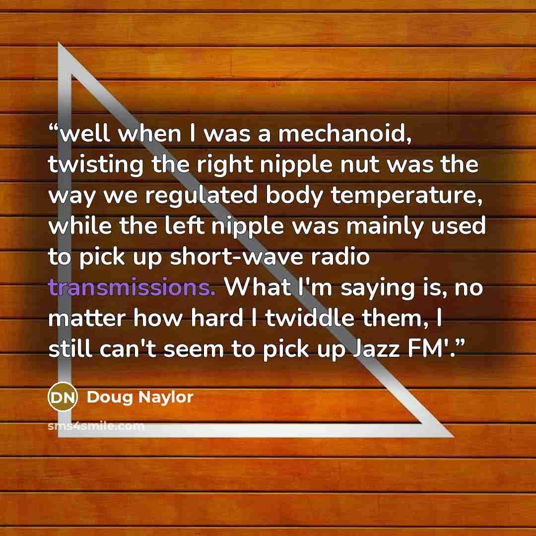 “well when I was a mechanoid, twisting the right nipple nut was the way we regulated body temperature, while the left nipple was mainly used to pick up short-wave radio transmissions. What I'm saying is, no matter how hard I twiddle them, I still can't seem to pick up Jazz FM'.” quote by Doug Naylor