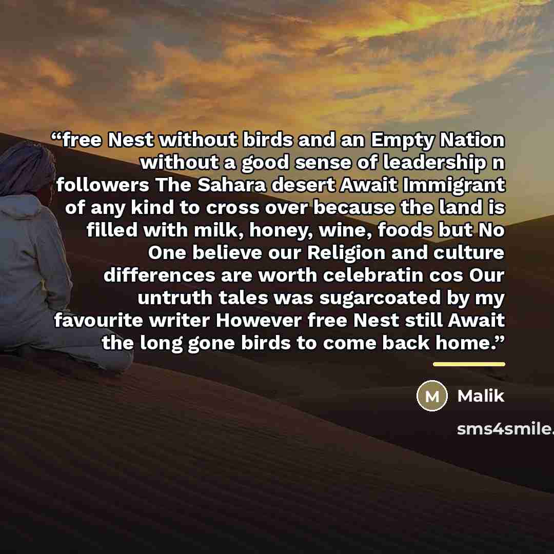 “free Nest without birds and an Empty Nation without a good sense of leadership n followers The Sahara desert Await Immigrant of any kind to cross over because the land is filled with milk, honey, wine, foods but No One believe our Religion and culture differences are worth celebratin cos Our…” quote by malik