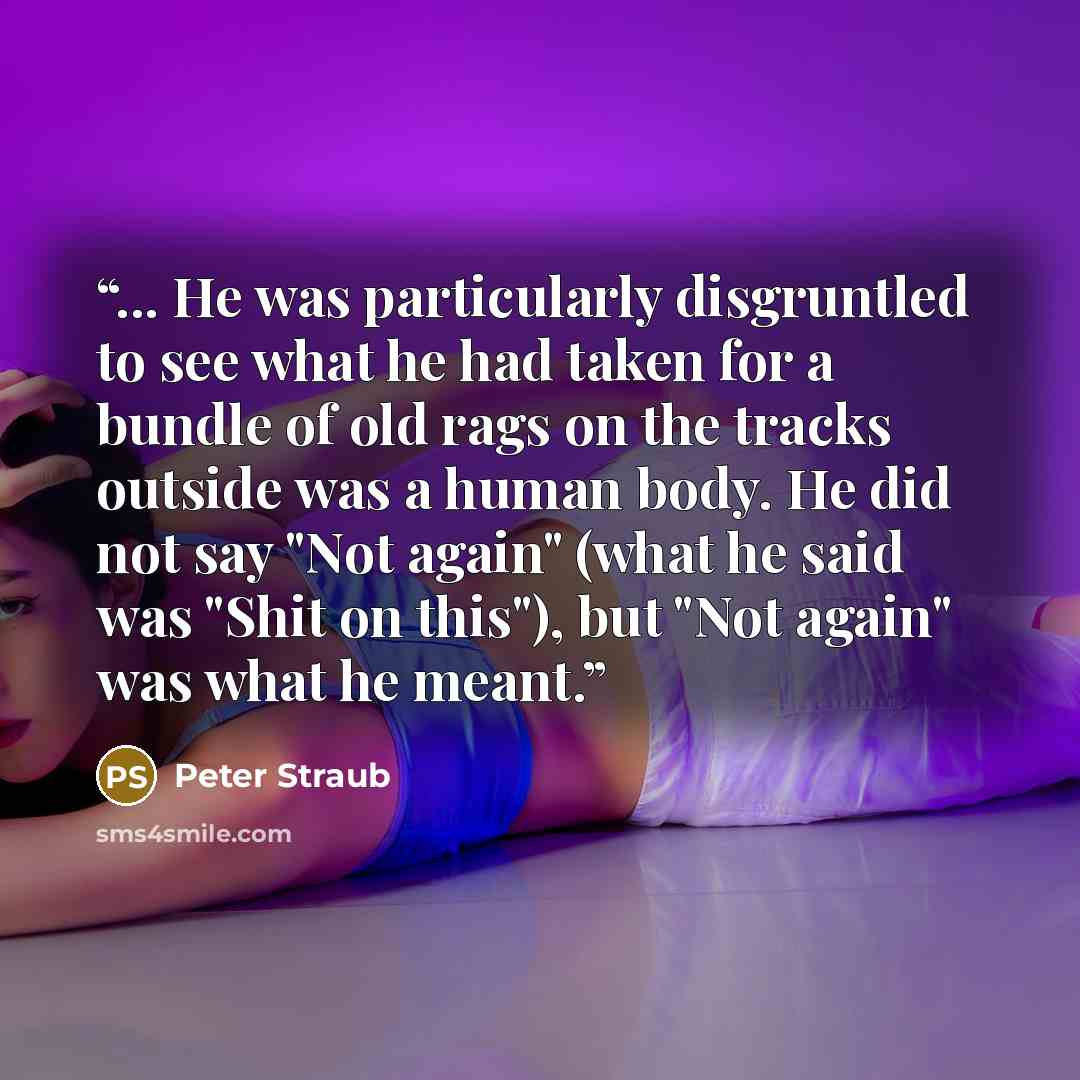 “... He was particularly disgruntled to see what he had taken for a bundle of old rags on the tracks outside was a human body. He did not say "Not again" (what he said was "Shit on this"), but "Not again" was what he meant.” quote by Peter Straub