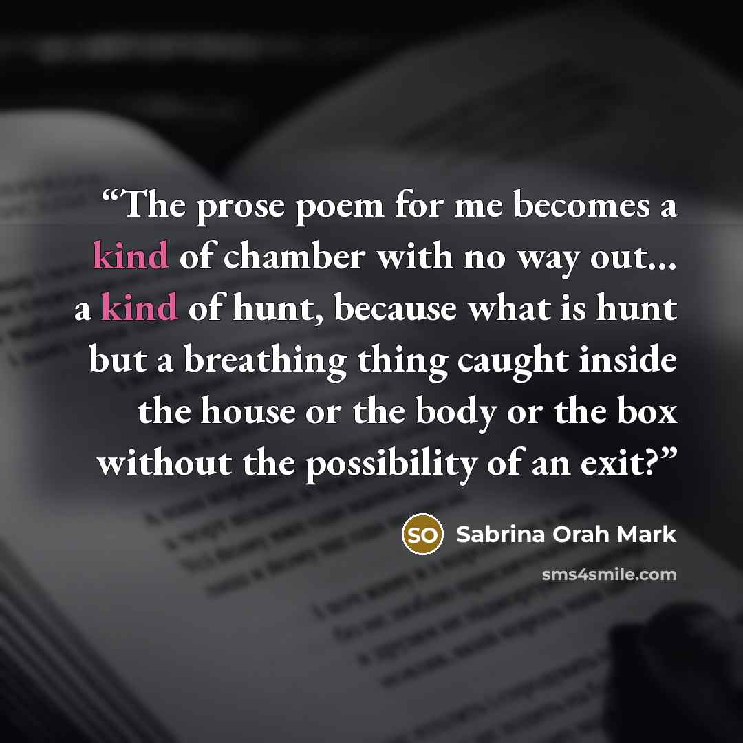 “The prose poem for me becomes a kind of chamber with no way out… a kind of hunt, because what is hunt but a breathing thing caught inside the house or the body or the box without the possibility of an exit?” quote by Sabrina Orah Mark