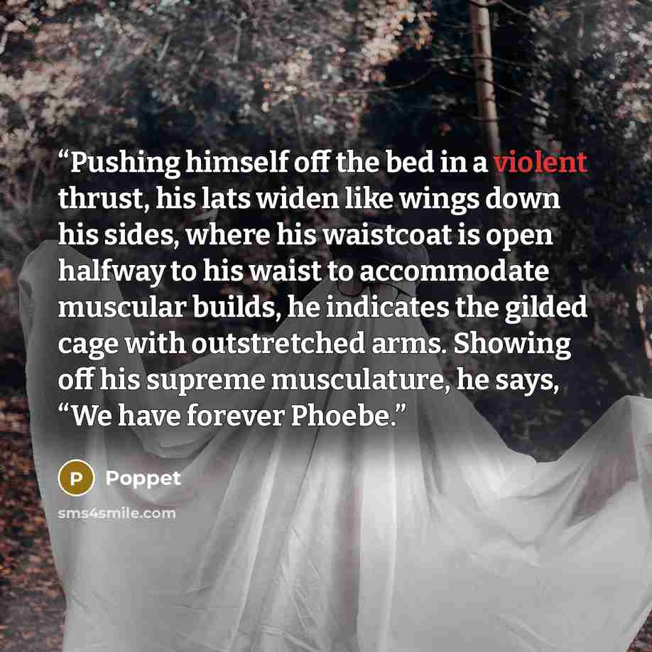 “Pushing himself off the bed in a violent thrust, his lats widen like wings down his sides, where his waistcoat is open halfway to his waist to accommodate muscular builds, he indicates the gilded cage with outstretched arms. Showing off his supreme musculature, he says, “We have forever Phoebe.” quote by Poppet