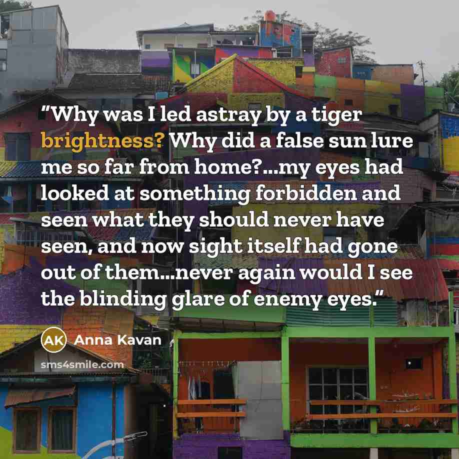 “Why was I led astray by a tiger brightness? Why did a false sun lure me so far from home?...my eyes had looked at something forbidden and seen what they should never have seen, and now sight itself had gone out of them…never again would I see the blinding glare of enemy eyes.” quote by Anna Kavan