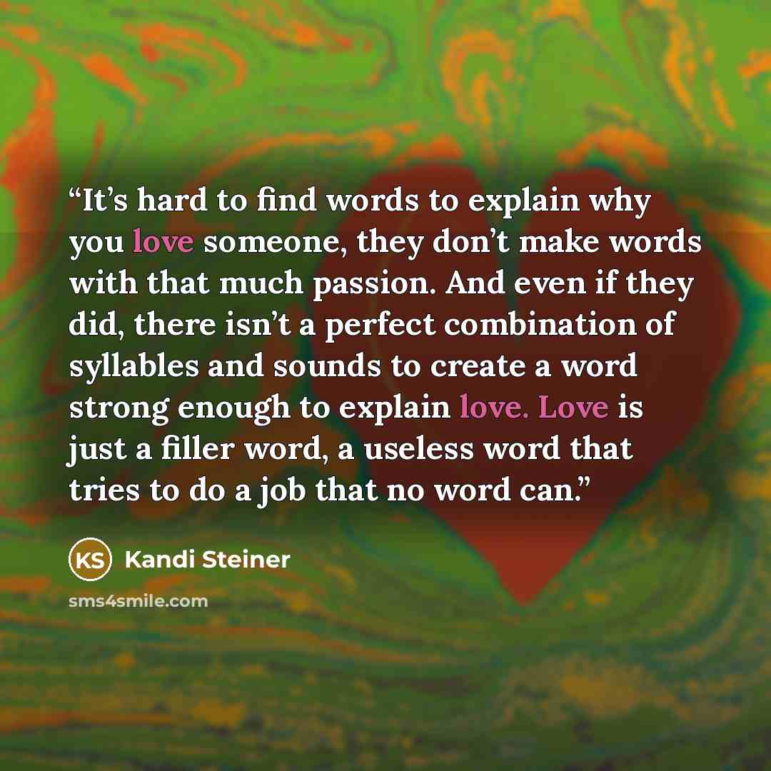 “It’s hard to find words to explain why you love someone, they don’t make words with that much passion. And even if they did, there isn’t a perfect combination of syllables and sounds to create a word strong enough to explain love. Love is just a filler word, a useless word that tries to do a job…” quote by Kandi Steiner