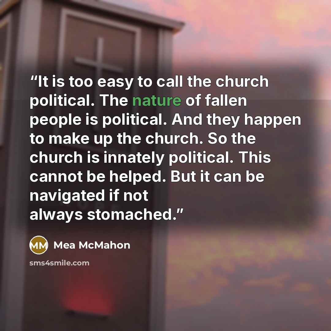 “It is too easy to call the church political. The nature of fallen people is political. And they happen to make up the church. So the church is innately political. This cannot be helped. But it can be navigated if not always stomached.” quote by Mea McMahon