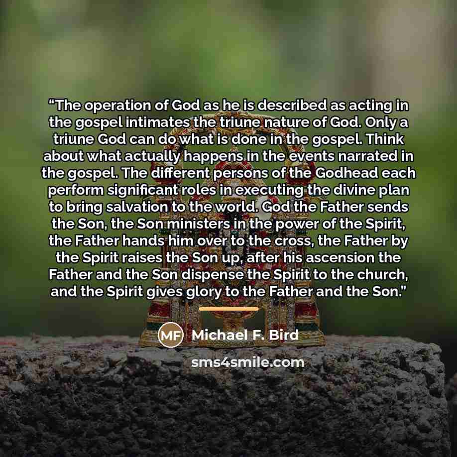 “The operation of God as he is described as acting in the gospel intimates the triune nature of God. Only a triune God can do what is done in the gospel. Think about what actually happens in the events narrated in the gospel. The different persons of the Godhead each perform significant roles in…” quote by Michael F. Bird