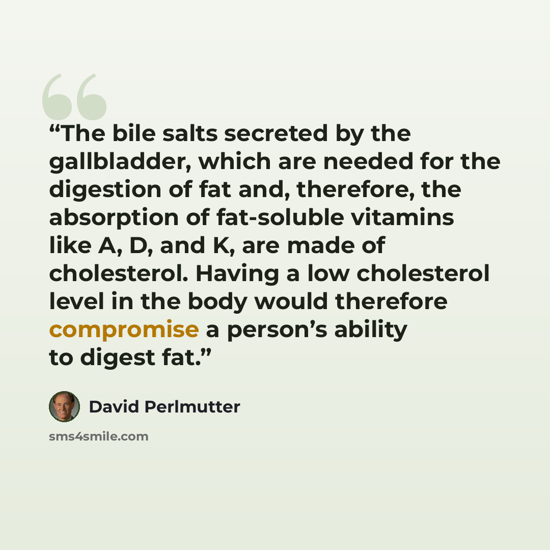 “The bile salts secreted by the gallbladder, which are needed for the digestion of fat and, therefore, the absorption of fat-soluble vitamins like A, D, and K, are made of cholesterol. Having a low cholesterol level in the body would therefore compromise a person’s ability to digest fat.” quote by David Perlmutter